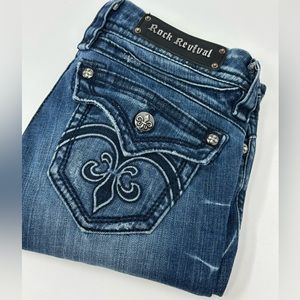 Rock Revival Women’s Boot Cut Jeans in Distressed Dark Blue